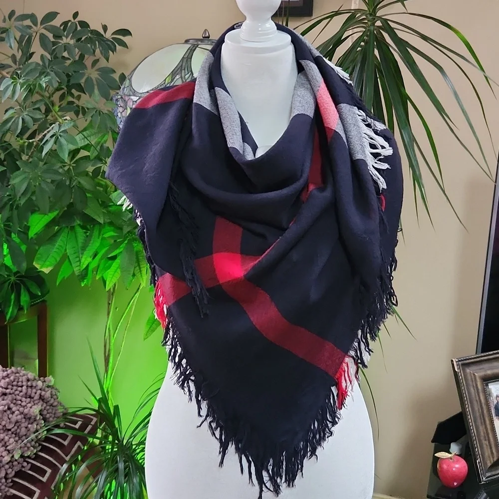 Burberry Tricolor Dark Navy Red White Fringe Scarf Shawl Square